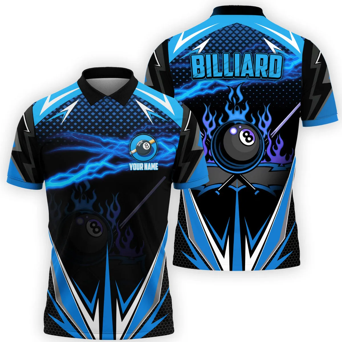 3D All Over Print Billiard Blue Fire Polo Shirt, Thunder Sport Billiard Shirt, Gift for Him