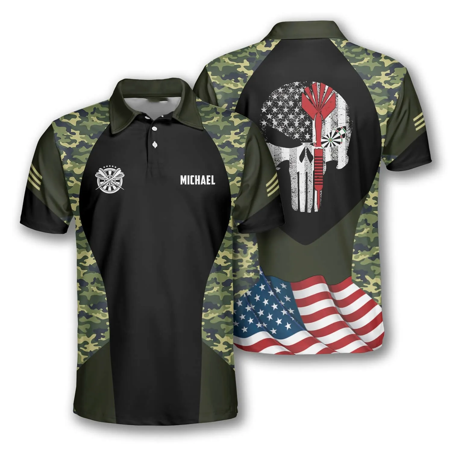 3D All Over Print Dart Camo Polo Shirt, Skull Camo Pattern Camouflage Dart American Flag Shirt, Flag Shirt