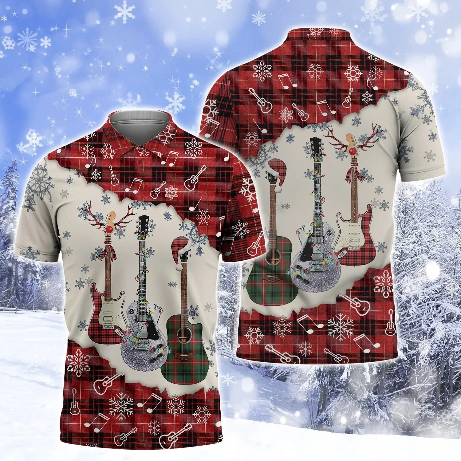 3D All Over Print Guitar Snow Hoodie Men Women, Guitar Hawaiian Shirt Shirt Sleeve, Christmas Gift For Guitarist