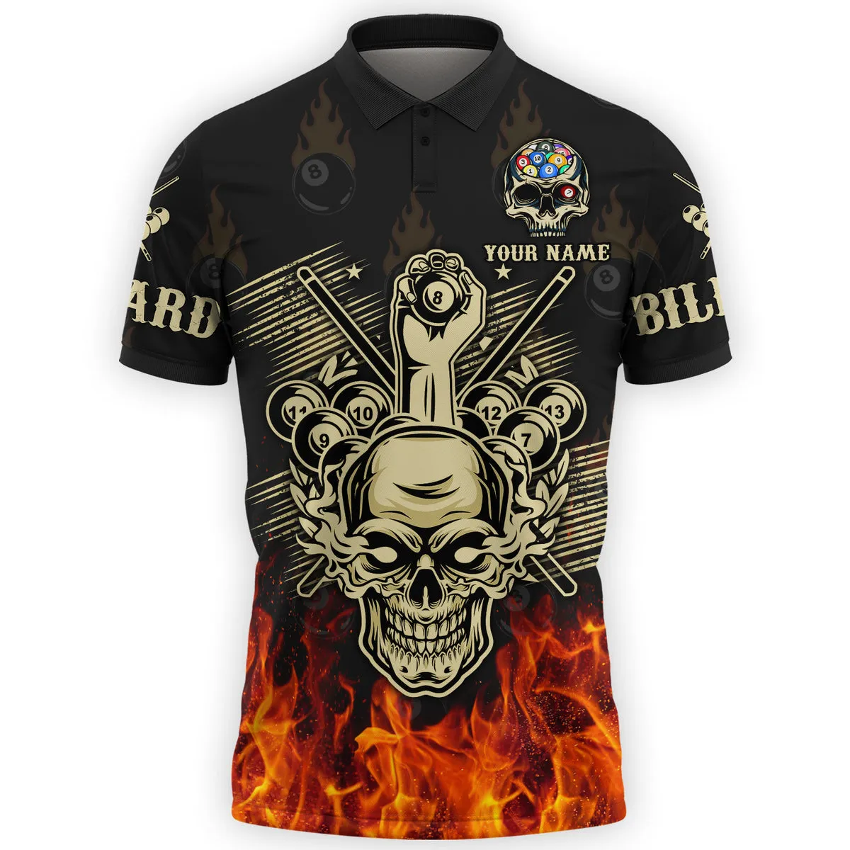 3D All Over Print Skull Billiard Polo Shirt, Skull Fire Ball Shirt, Uniform Billiard Team