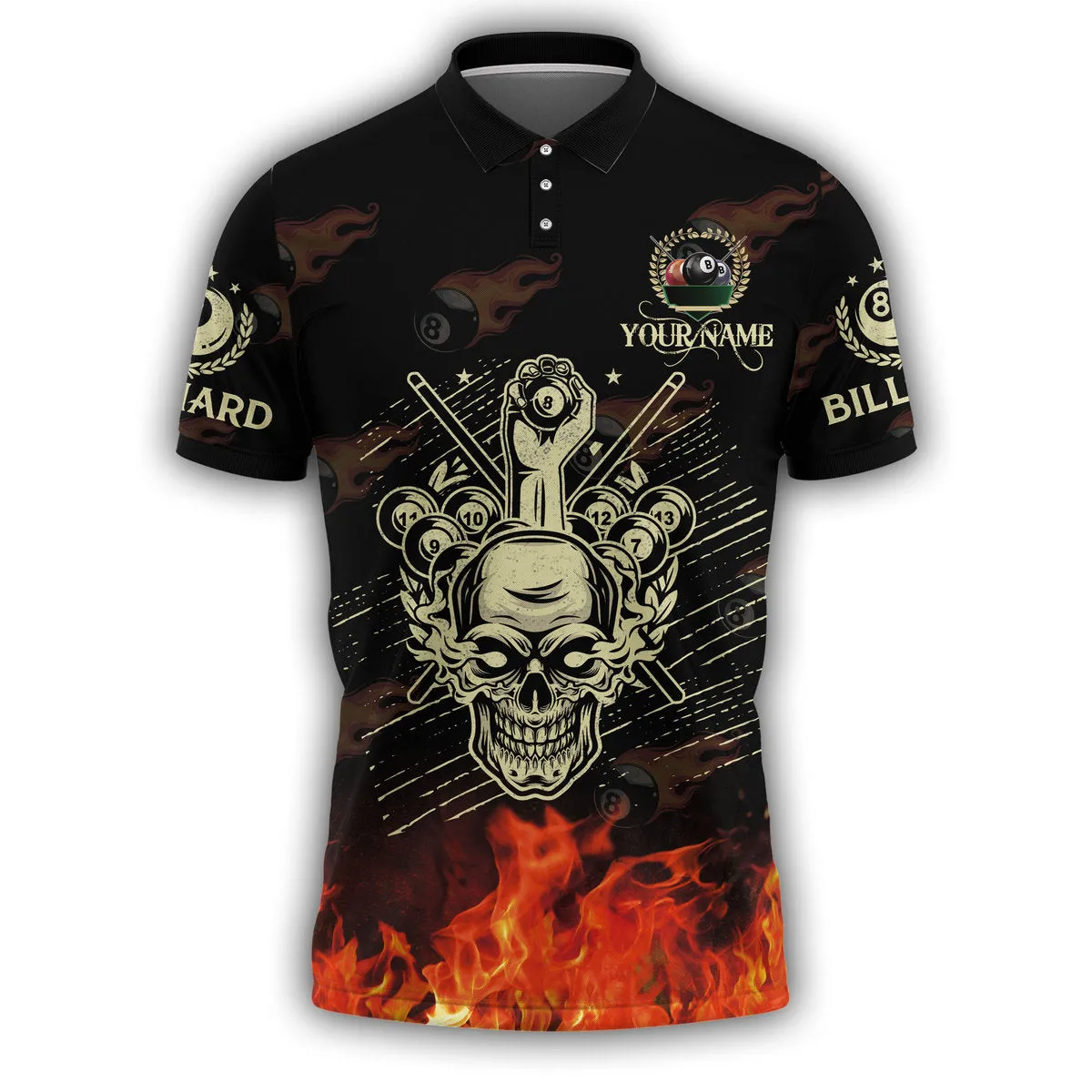 3D All Over Print Skull Billiard Polo Shirt, Skull Fire Ball Shirt, Uniform Billiard Team