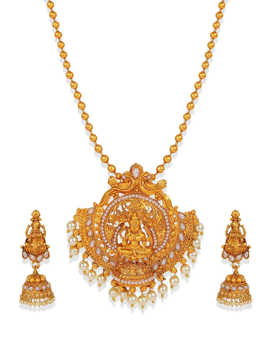 Antique Matte Gold Finish Goddess Laxmi White Stone Studded Temple Jewellery Set - Anikas Creation