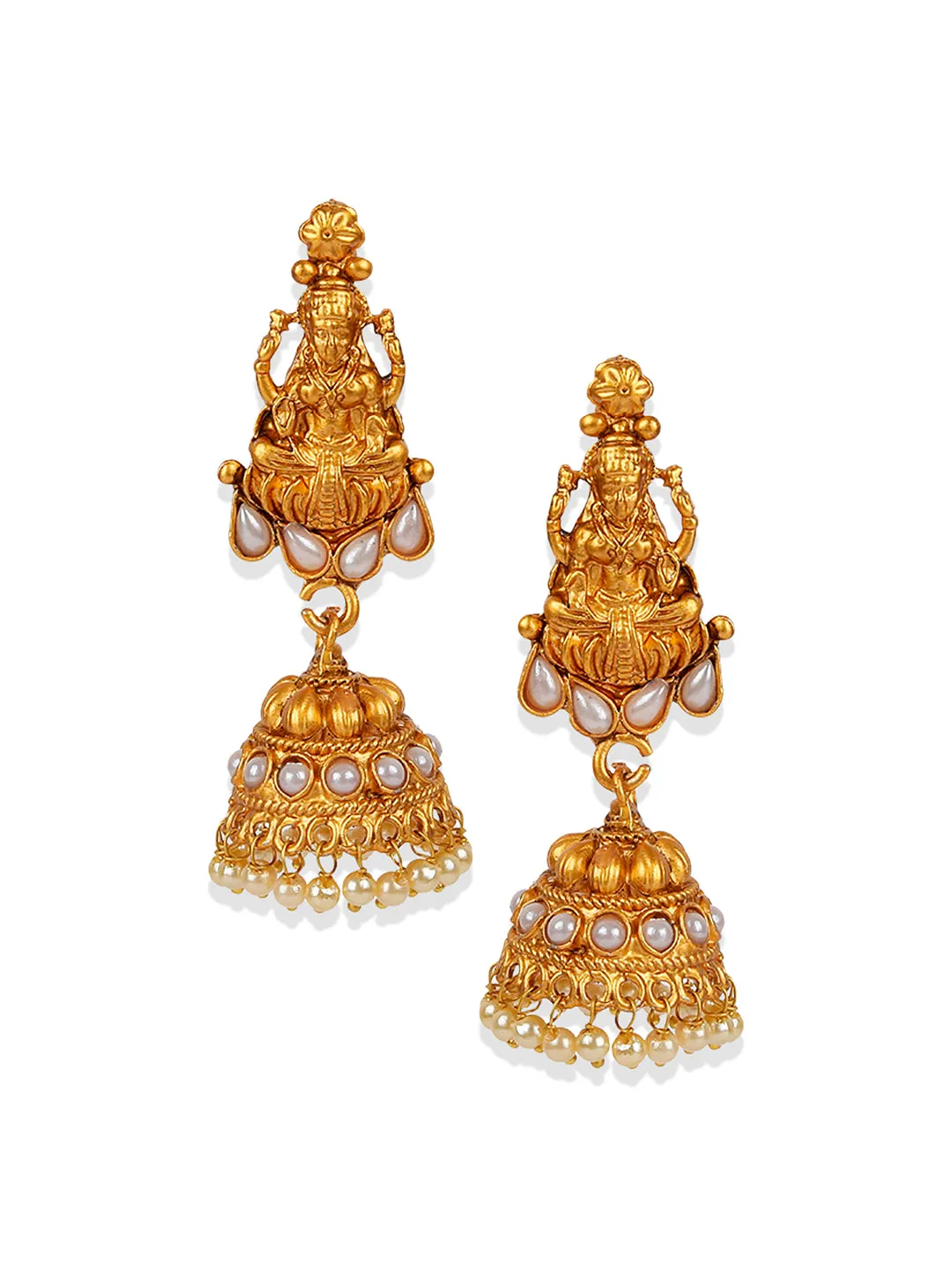 Antique Matte Gold Finish Goddess Laxmi White Stone Studded Temple Jewellery Set - Anikas Creation