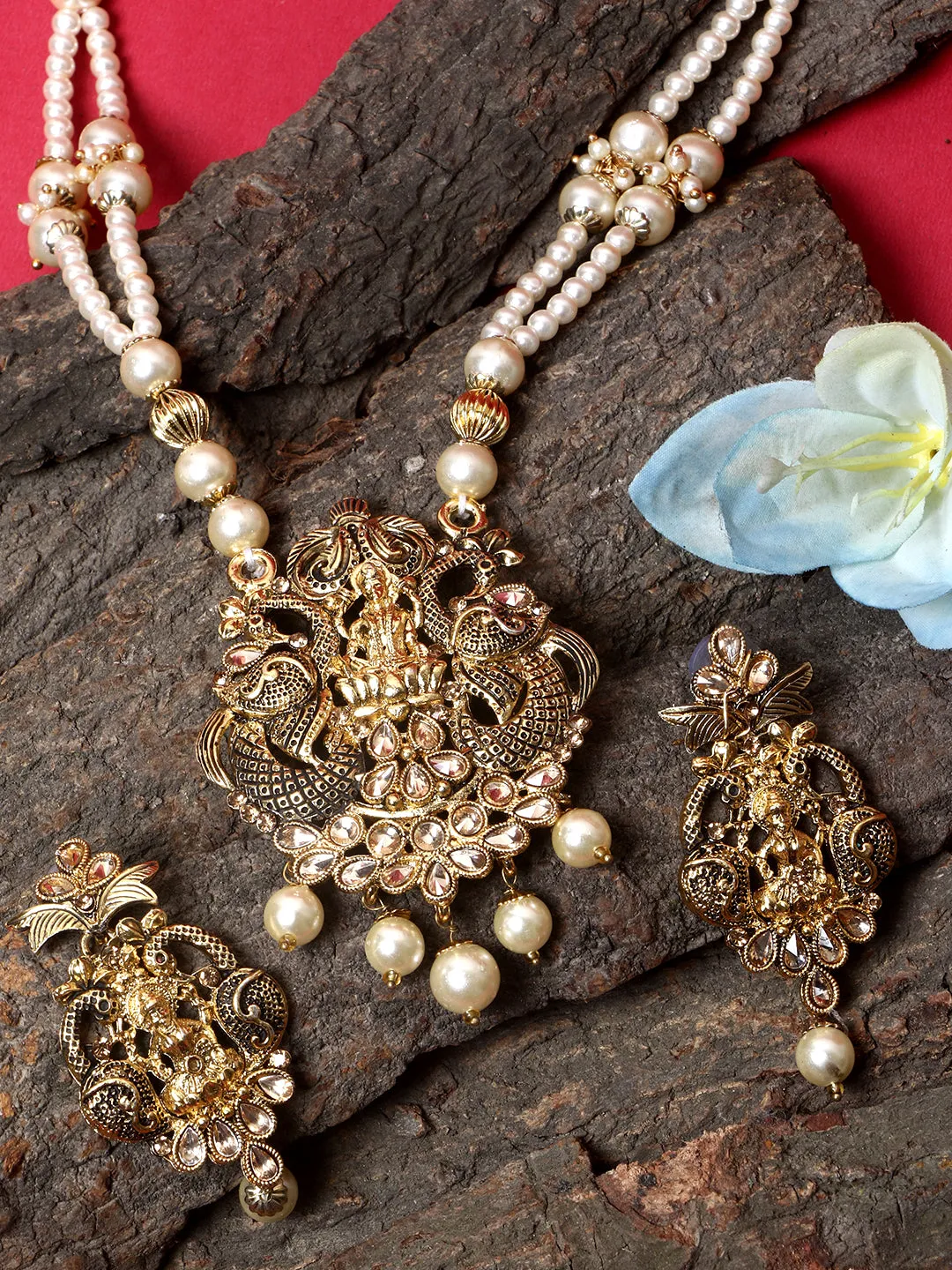 Antique Matte Gold Finish Meenakari Pearl Temple Jewellery - Anikas Creation