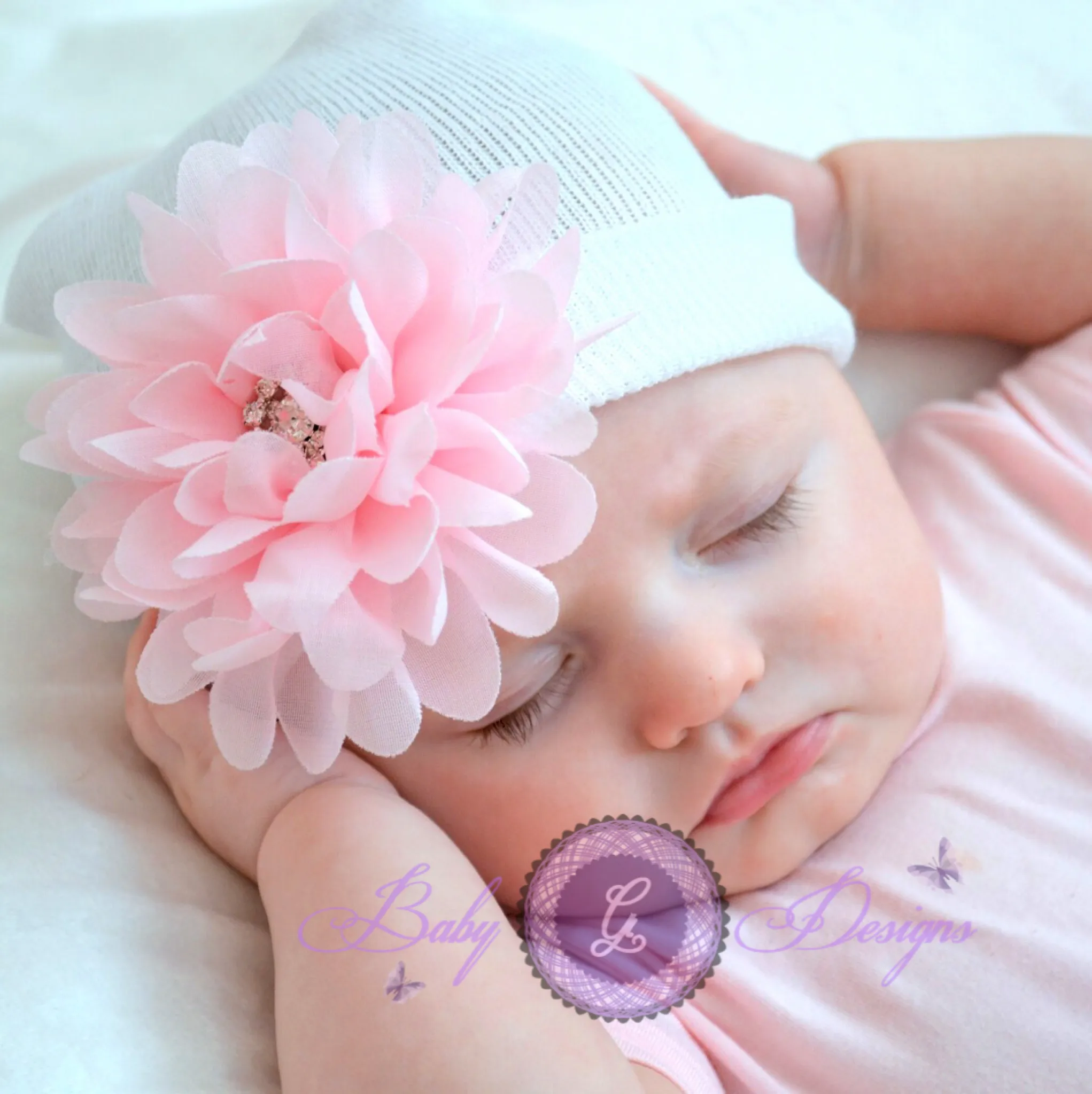 Baby Hospital Hat WHITE, pick your color flower!