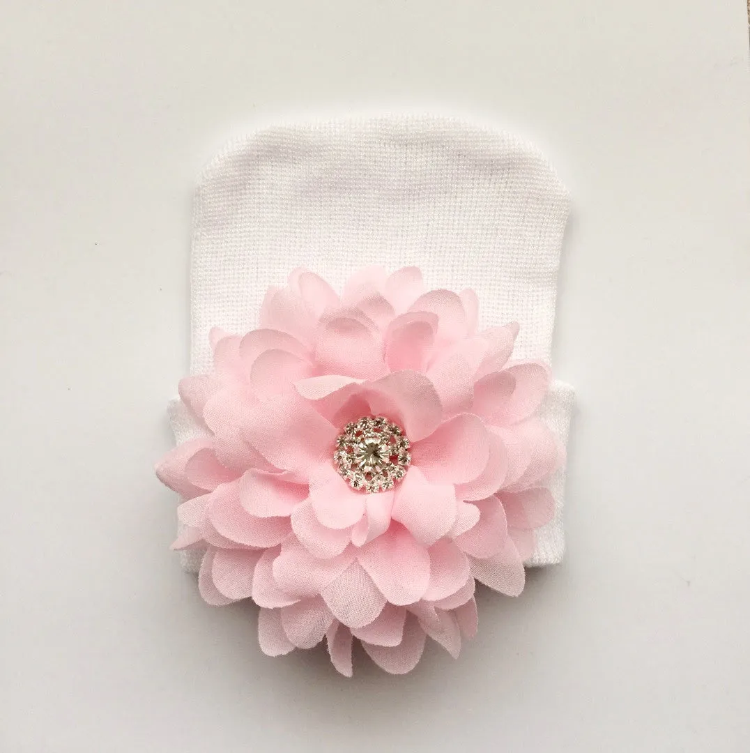 Baby Hospital Hat WHITE, pick your color flower!