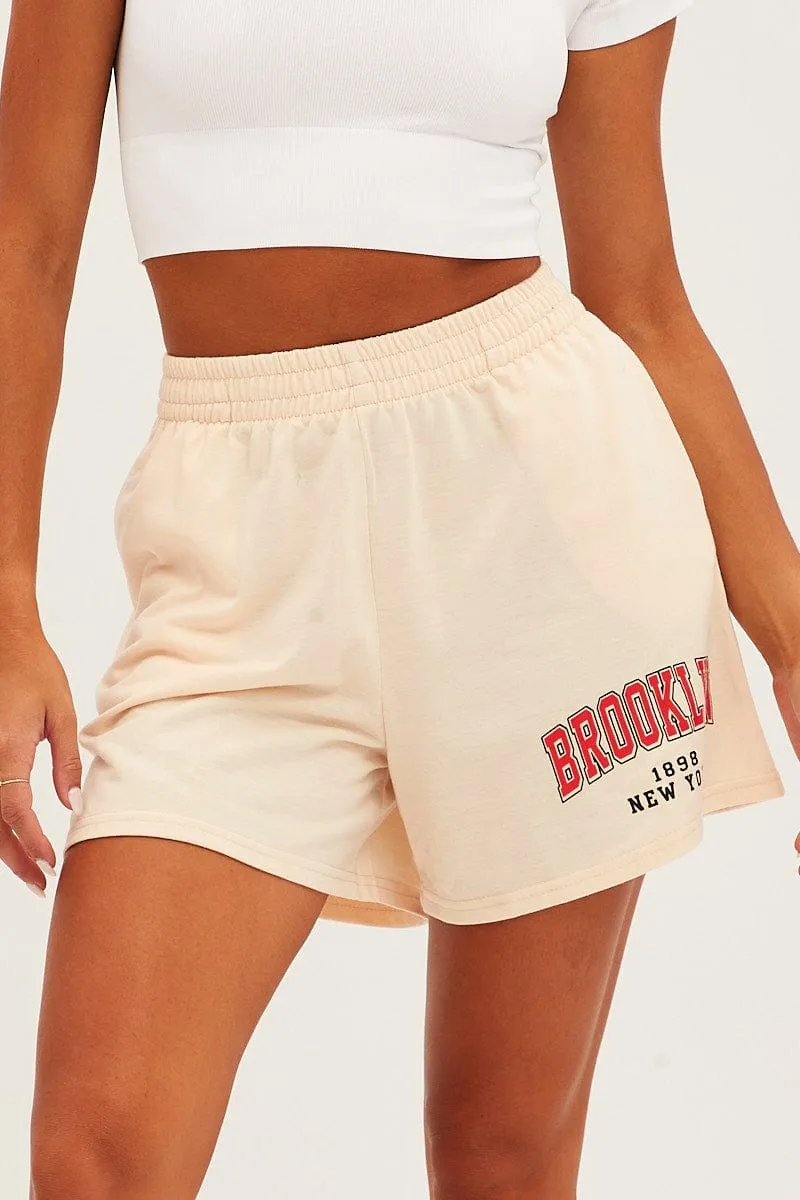 Beige Elastic Waist Biker Track Shorts