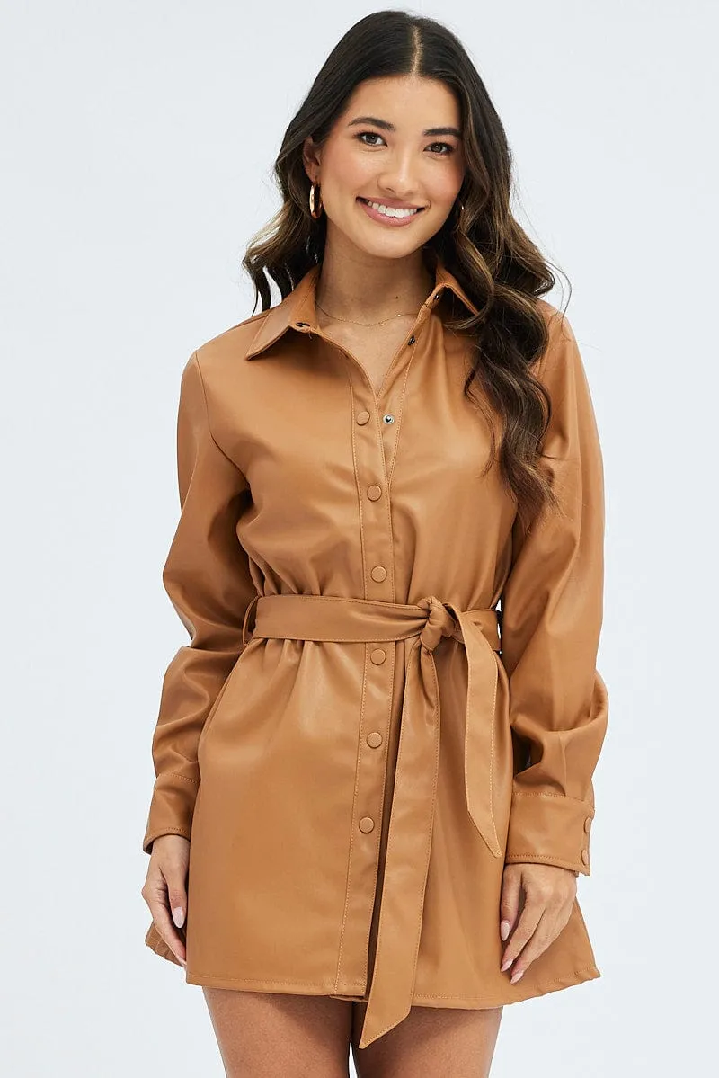 Beige Faux Leather Dress Long Sleeve Collared Belted PU