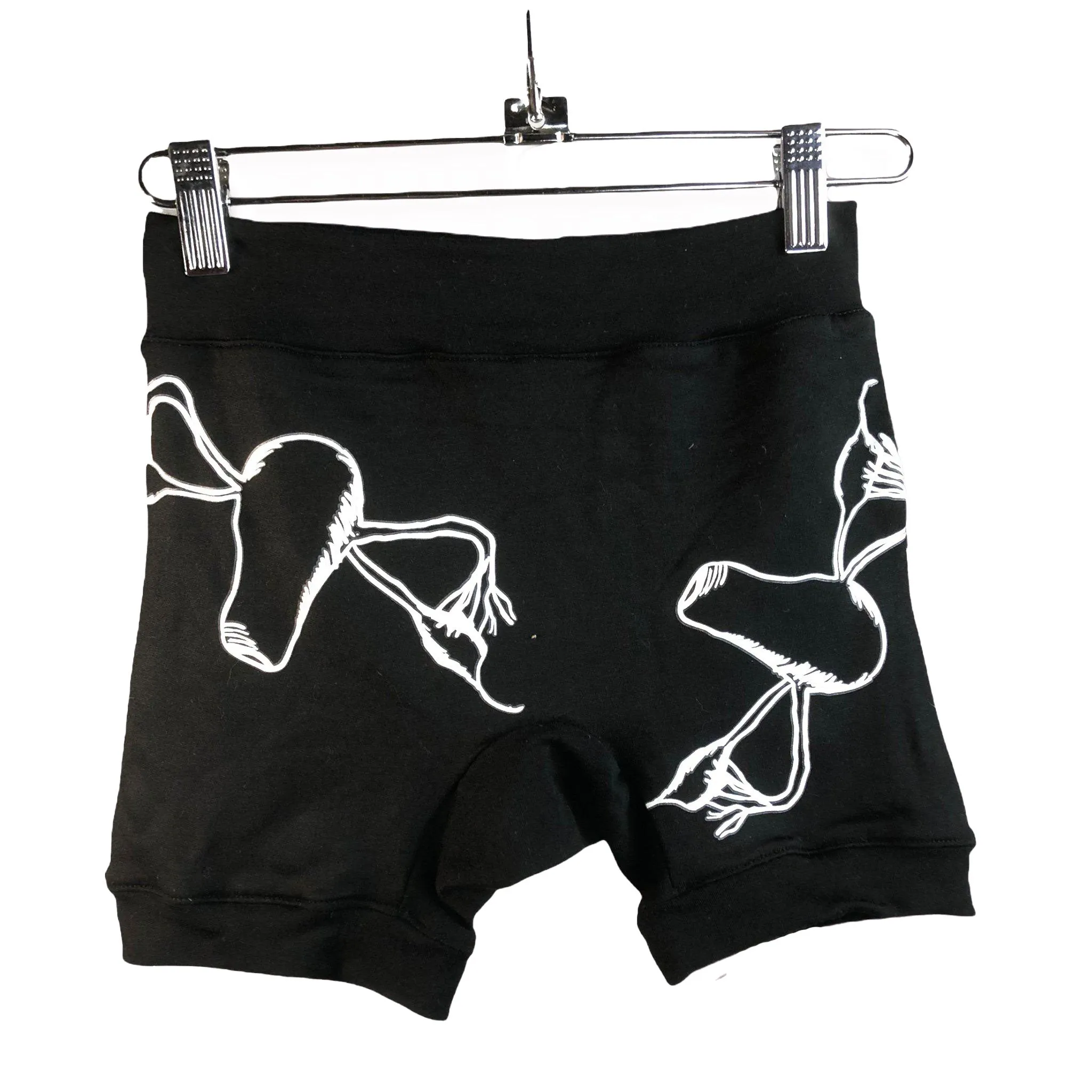 Black Booty Shorts With Hand Pressed Flying Ovaries