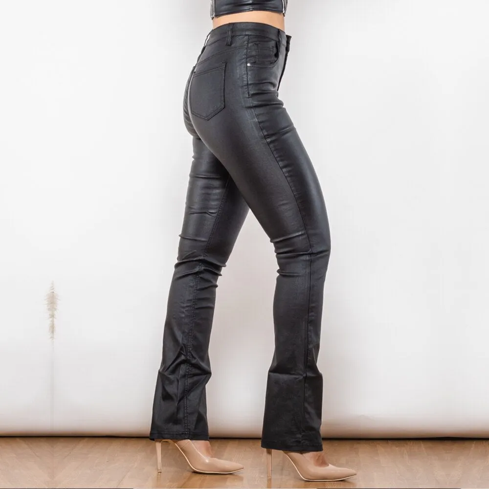 Black Coated Flared Pants Super Stretchy Trousers Waxed Pants Top Quality Wet Look Pants Women's Pants