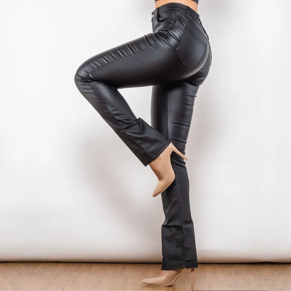 Black Coated Flared Pants Super Stretchy Trousers Waxed Pants Top Quality Wet Look Pants Women's Pants