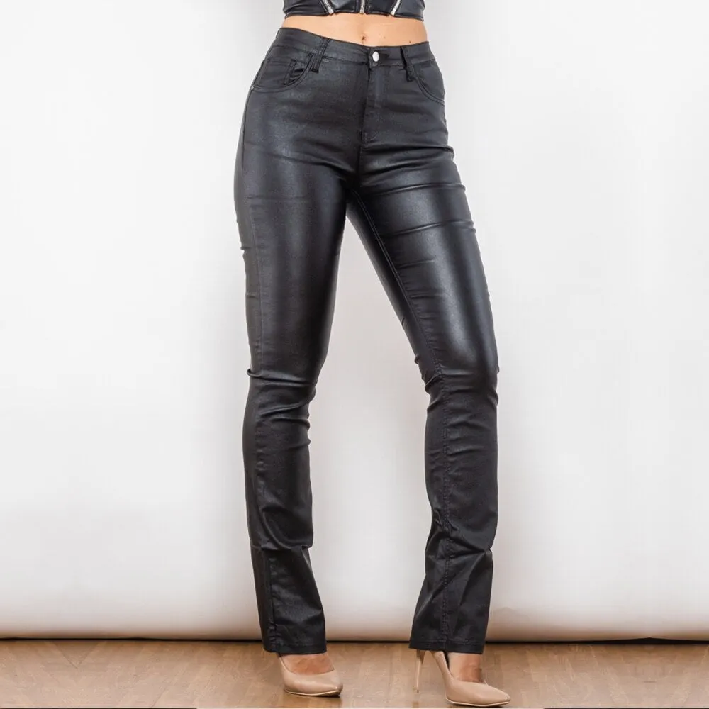 Black Coated Flared Pants Super Stretchy Trousers Waxed Pants Top Quality Wet Look Pants Women's Pants