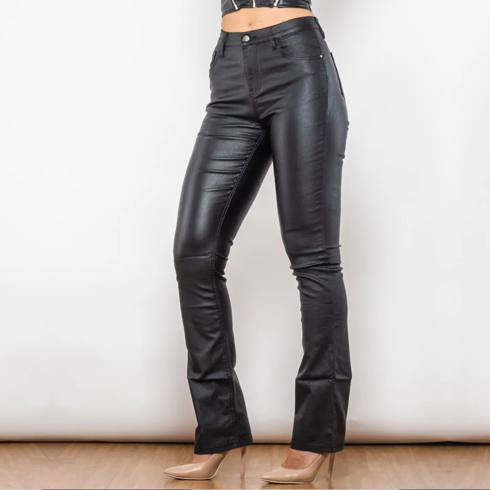 Black Coated Flared Pants Super Stretchy Trousers Waxed Pants Top Quality Wet Look Pants Women's Pants