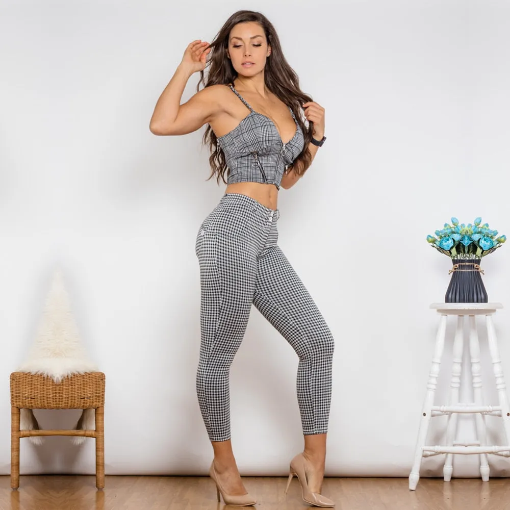 Body Shaper Suit Grey Plaid Zipper Push Up Top Middle Waist Plaid Bum Lifing Pants 2 Pieces Set