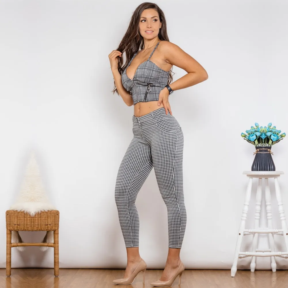 Body Shaper Suit Grey Plaid Zipper Push Up Top Middle Waist Plaid Bum Lifing Pants 2 Pieces Set