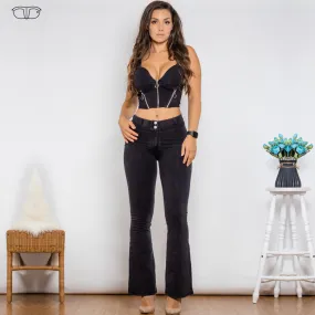 Bodysuit Push Up Top Black Denim Zipper Crop Top Middle Waist Flare Jeans Two Piece Sets Womens Shaper Set