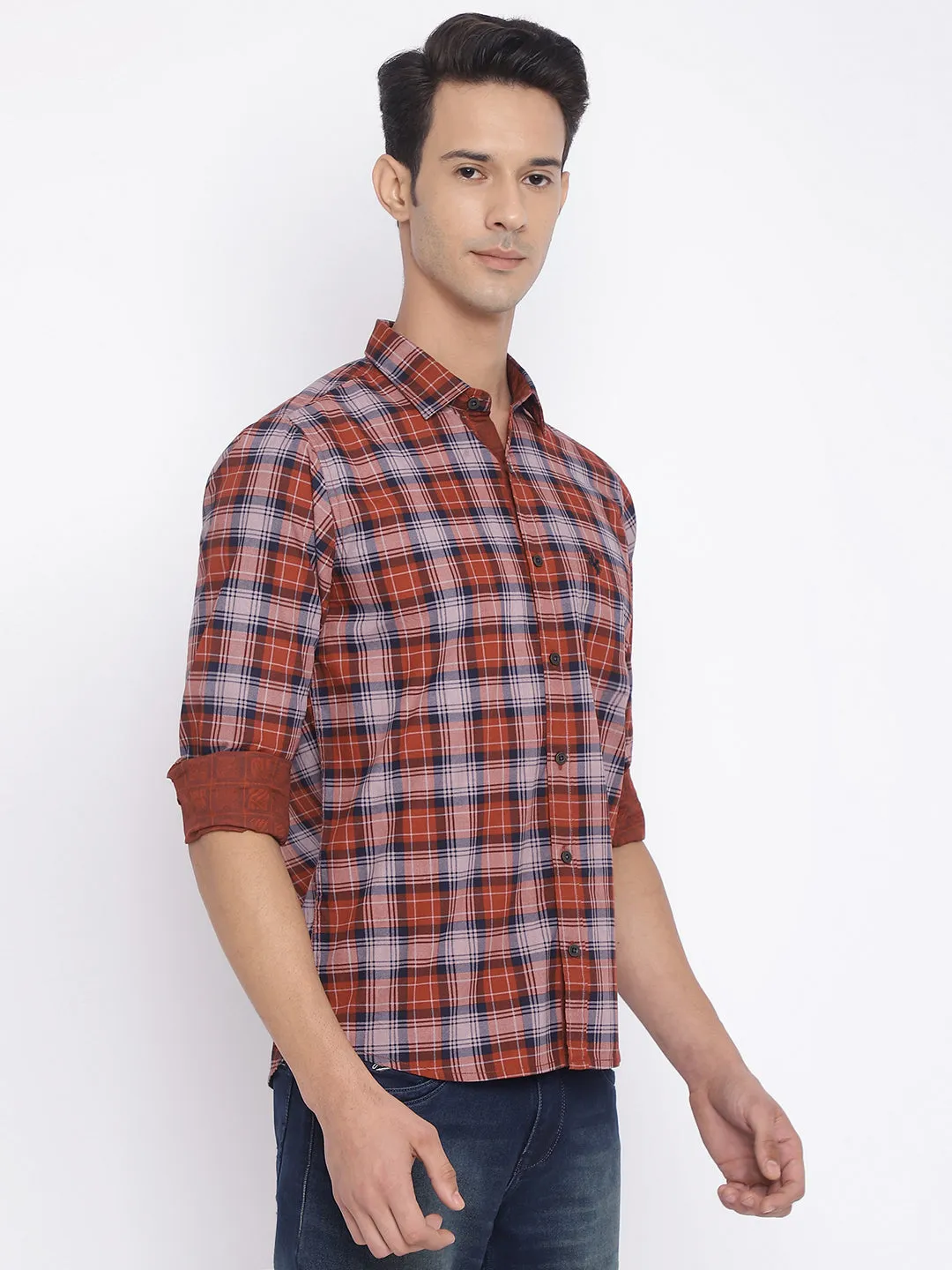 Cantabil Cotton Checkered Rust Full Sleeve Casual Shirt for Men with Pocket