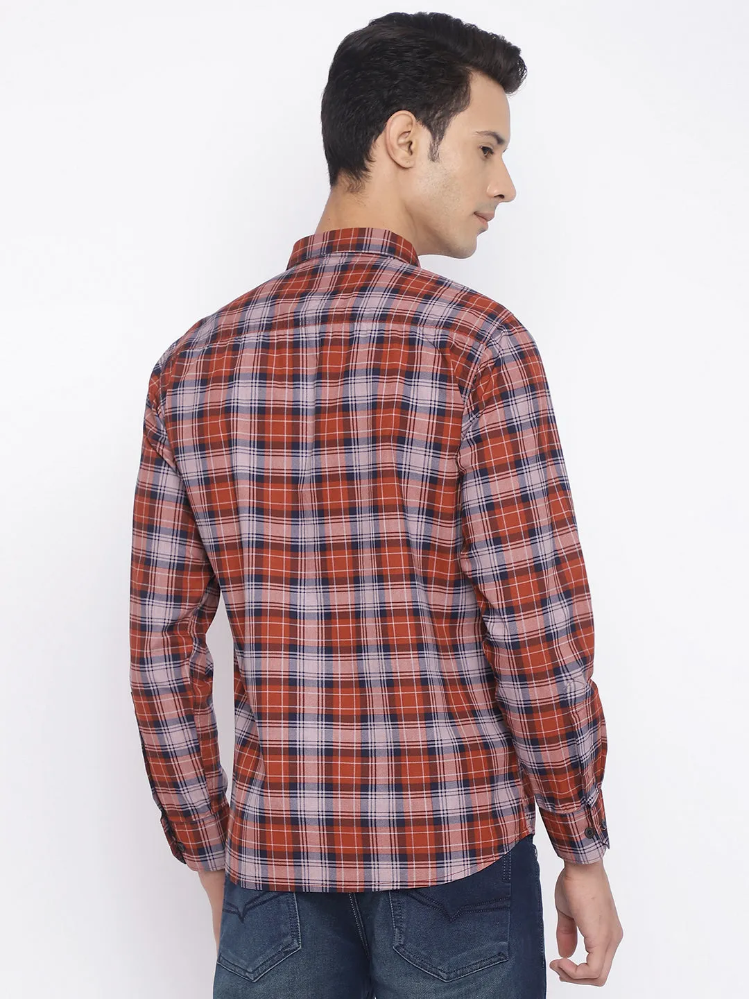 Cantabil Cotton Checkered Rust Full Sleeve Casual Shirt for Men with Pocket