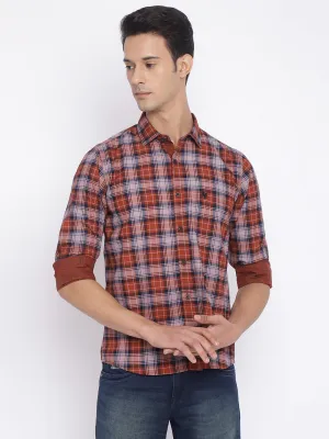 Cantabil Cotton Checkered Rust Full Sleeve Casual Shirt for Men with Pocket