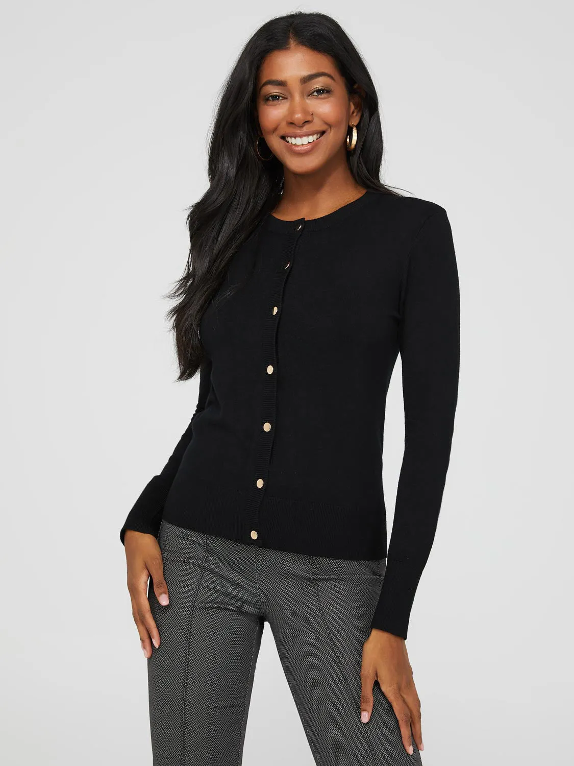 Crew Neck Cardigan With Ribbed Details