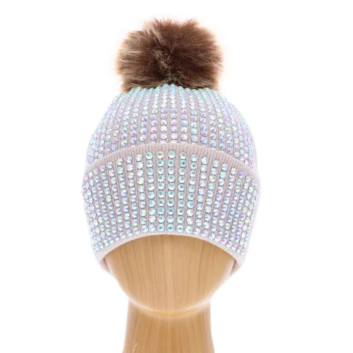 Double Layer Bedazzled Cuffed Pom Pom Beanie Hat