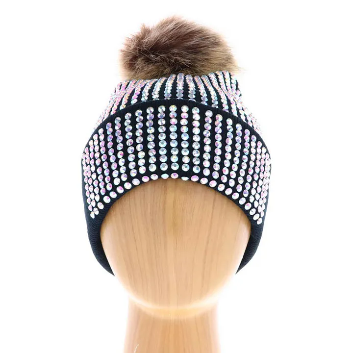 Double Layer Bedazzled Cuffed Pom Pom Beanie Hat