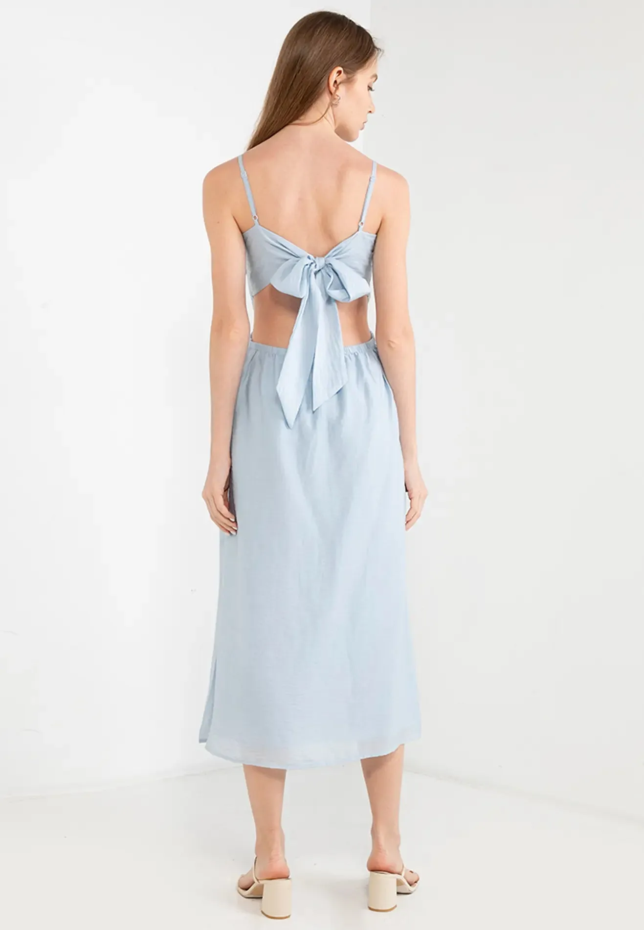 ELLE Apparel Square Neck Tie Backless Midi Dress