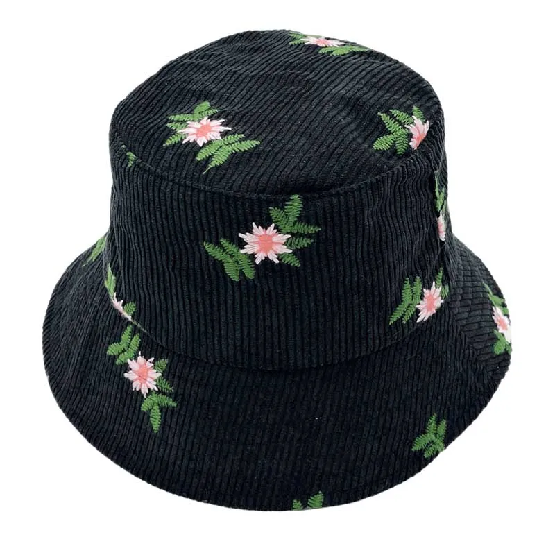 Embroidered Floral Corduroy Bucket Hat