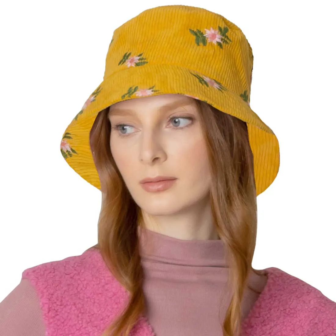 Embroidered Floral Corduroy Bucket Hat