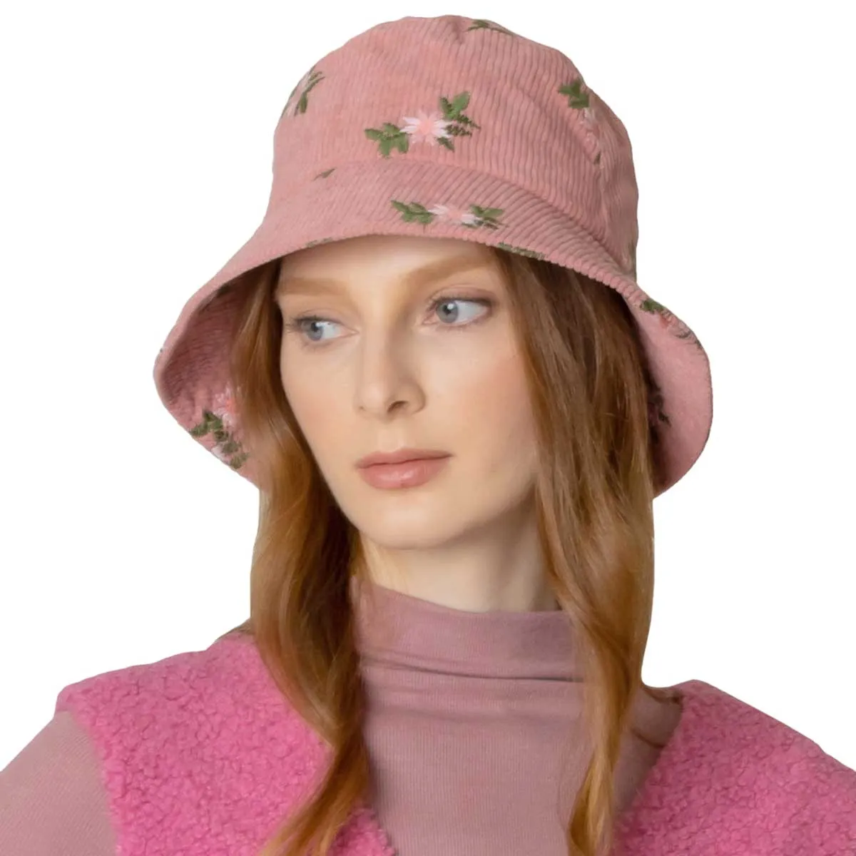 Embroidered Floral Corduroy Bucket Hat