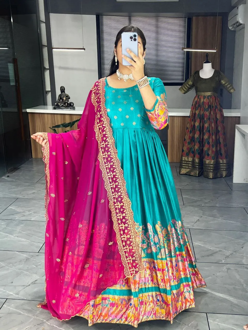 Ethnic Women's Dola Silk Gown Dupatta Suit