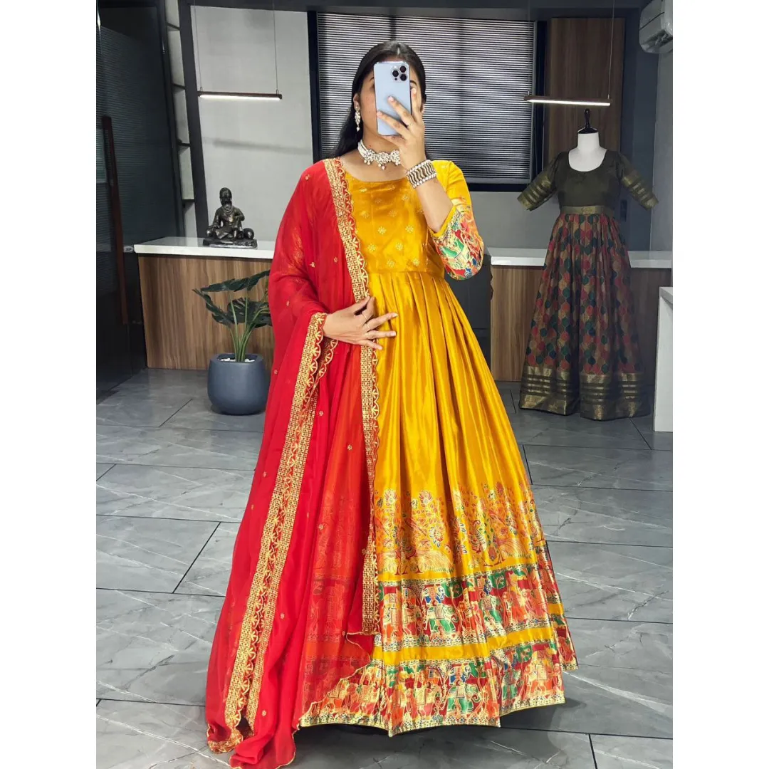 Ethnic Women's Dola Silk Gown Dupatta Suit