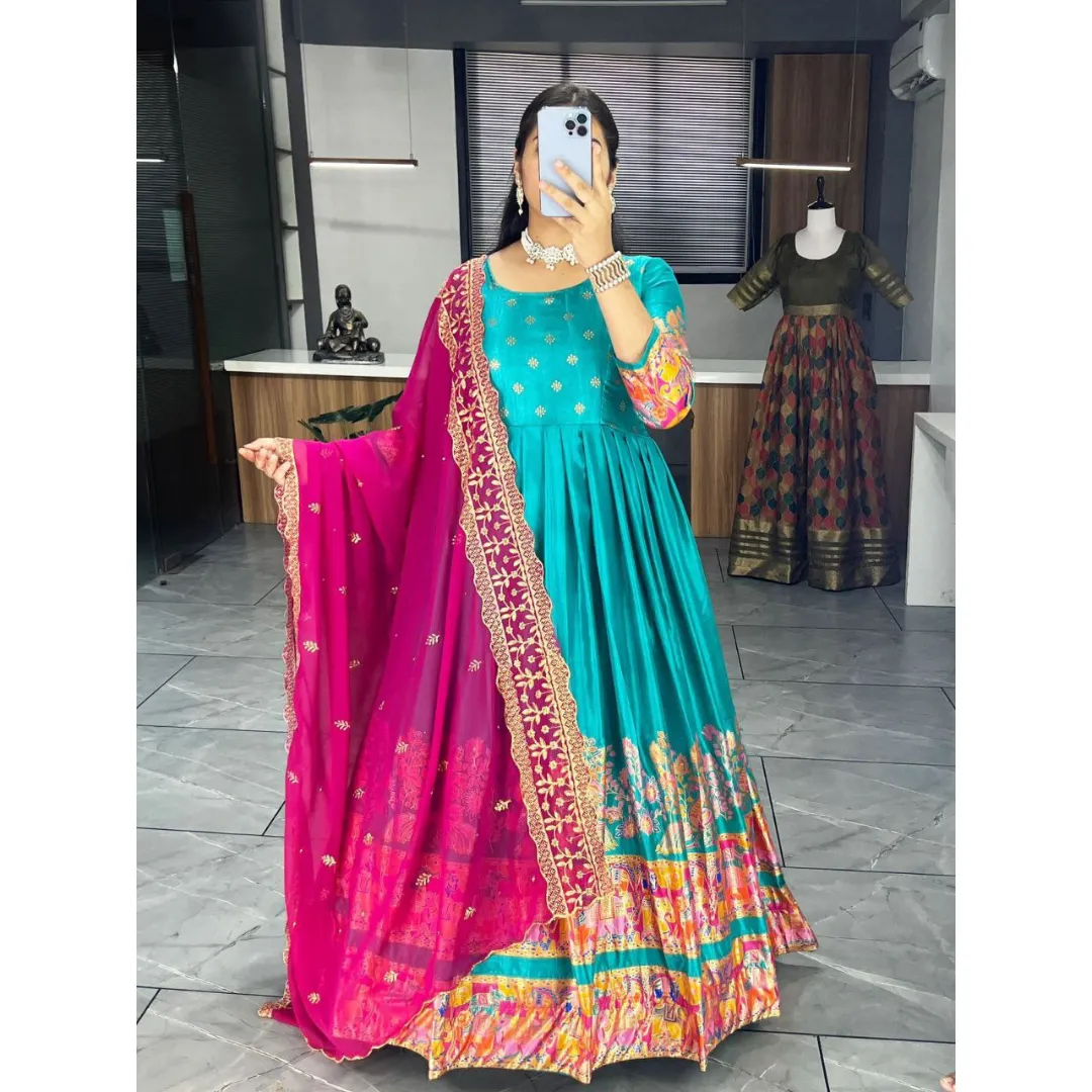 Ethnic Women's Dola Silk Gown Dupatta Suit