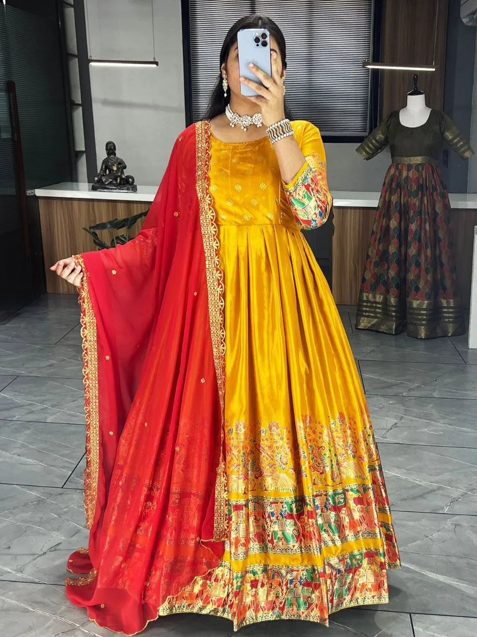 Ethnic Women's Dola Silk Gown Dupatta Suit