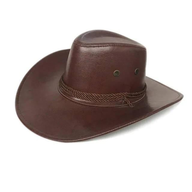 Faux Leather Cowboy Hat with Twisted Rope Band and Adjustable Strap