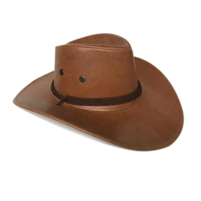 Faux Leather Cowboy Hat with Twisted Rope Band and Adjustable Strap