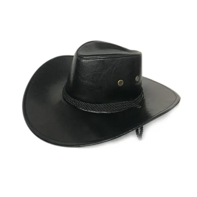 Faux Leather Cowboy Hat with Twisted Rope Band and Adjustable Strap