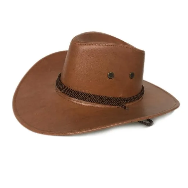 Faux Leather Cowboy Hat with Twisted Rope Band and Adjustable Strap