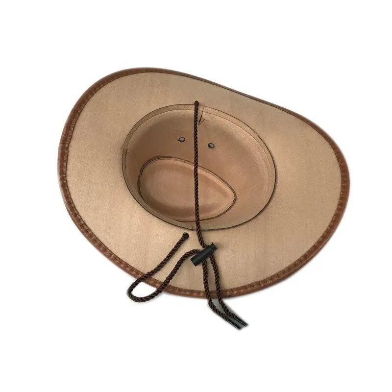 Faux Leather Cowboy Hat with Twisted Rope Band and Adjustable Strap