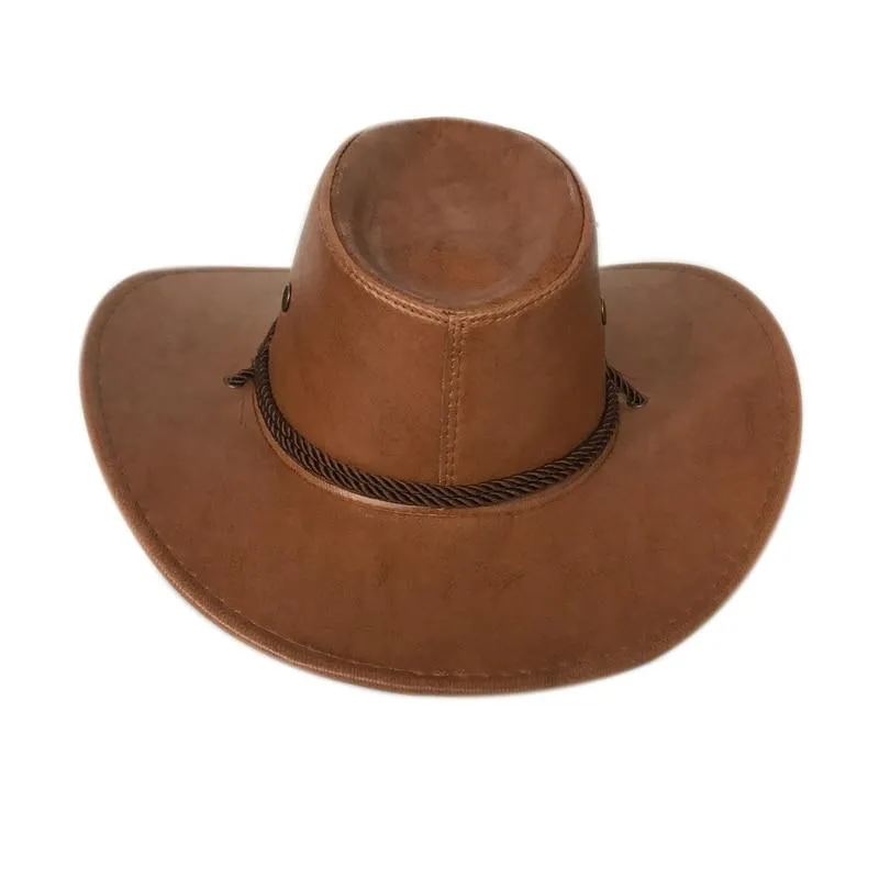 Faux Leather Cowboy Hat with Twisted Rope Band and Adjustable Strap