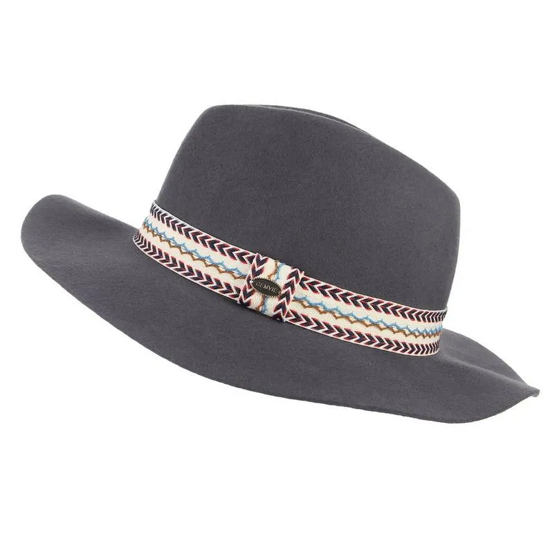 Floppy Wide Brim Wool Felt Fedora Hat with Striped Angle Brackets Hatband