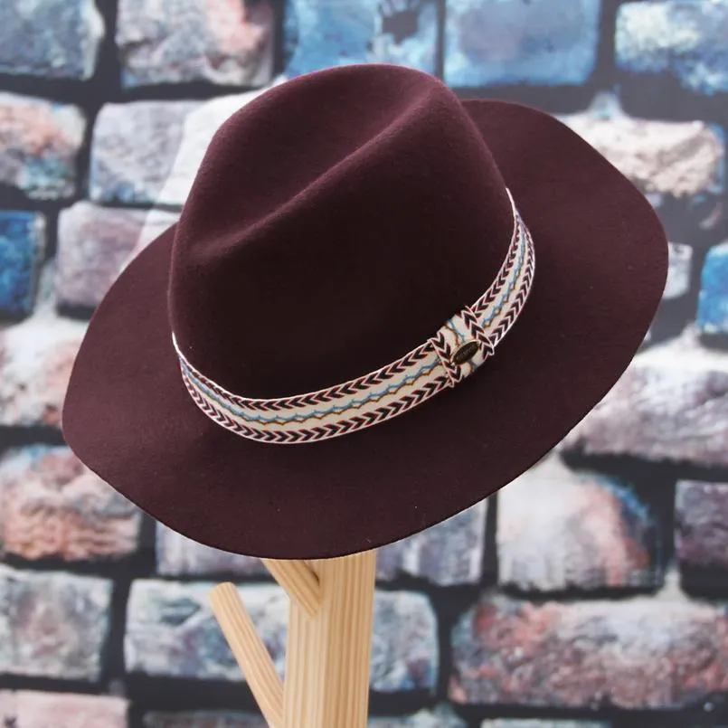 Floppy Wide Brim Wool Felt Fedora Hat with Striped Angle Brackets Hatband