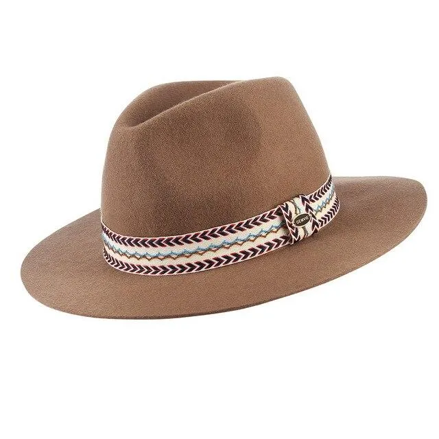 Floppy Wide Brim Wool Felt Fedora Hat with Striped Angle Brackets Hatband