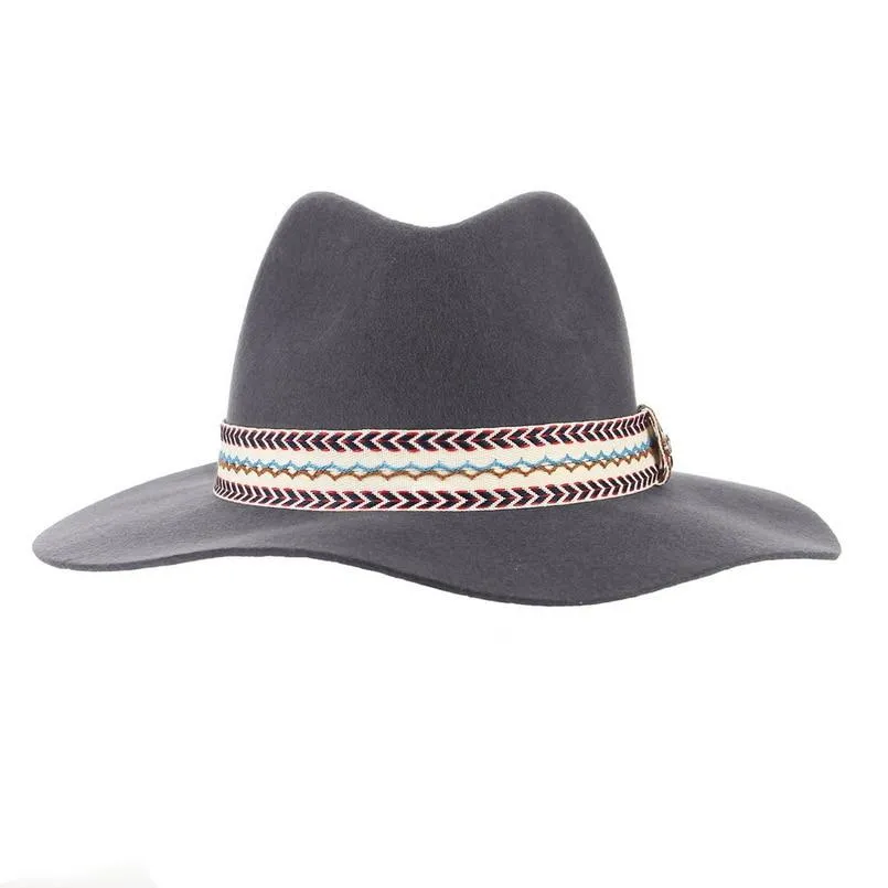 Floppy Wide Brim Wool Felt Fedora Hat with Striped Angle Brackets Hatband