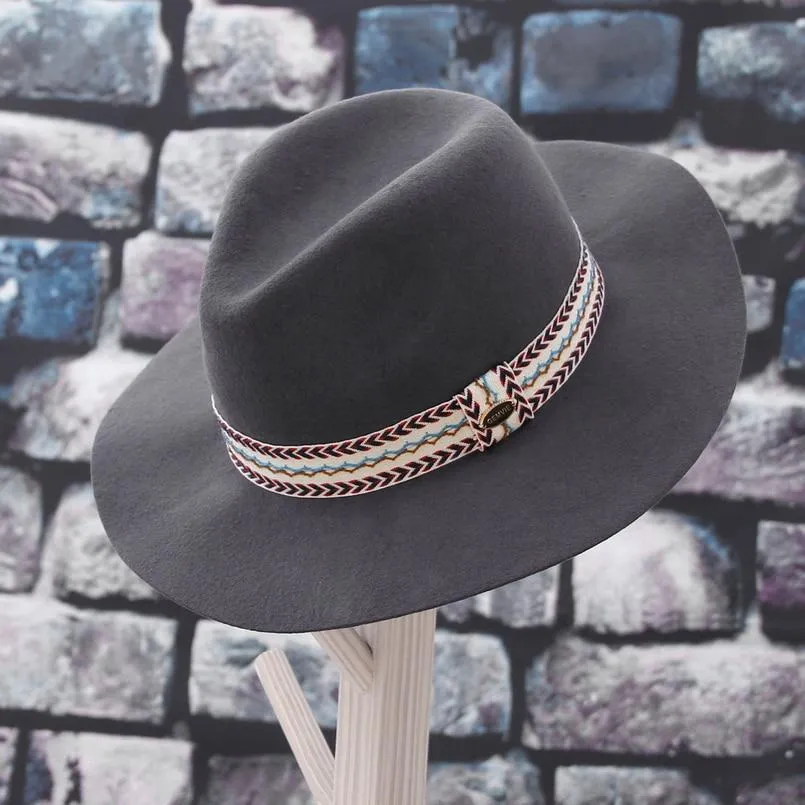 Floppy Wide Brim Wool Felt Fedora Hat with Striped Angle Brackets Hatband