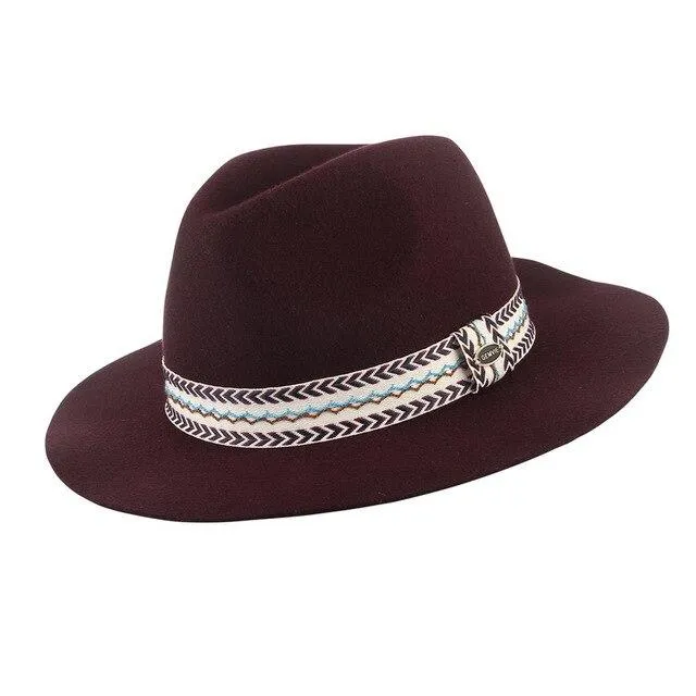 Floppy Wide Brim Wool Felt Fedora Hat with Striped Angle Brackets Hatband