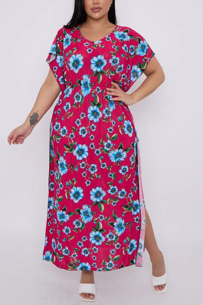 Floral Print Elasticated Waist Side Slit Kaftan Dress