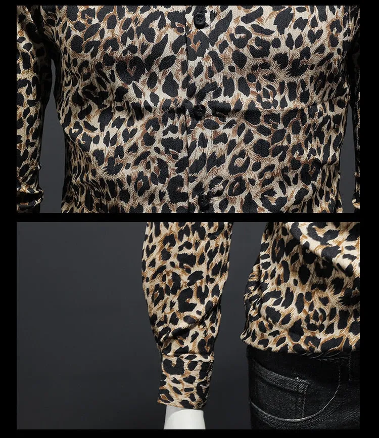 Foesce -Autumn Winter New Men's Leopard Print Shirt Trendy Casual Business Luxury Fashion Long Sleeve Social Clothing