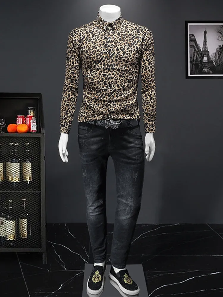 Foesce -Autumn Winter New Men's Leopard Print Shirt Trendy Casual Business Luxury Fashion Long Sleeve Social Clothing