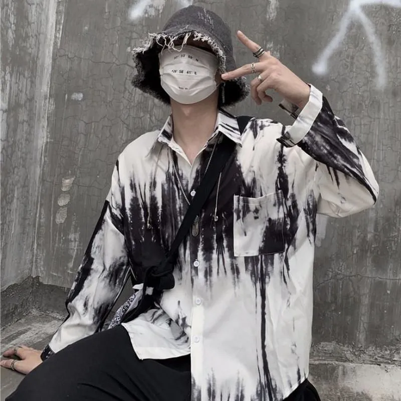 Foesce -Gothic Shirt Men Women Spring Autumn Korean Vintage Tie-dye Printing Loose Bf Hip-hop Casual Long-sleeved Blouse Streetwear